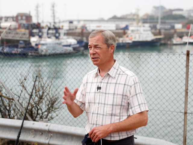 Brexit Party leader Nigel Farage addresses members of the media near Dover Port in Dover,