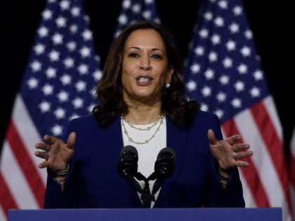 Democratic vice presidential running mate, US Senator Kamala Harris, speaks during the first press conference with Joe Biden in Wilmington, Delaware, on August 12, 2020. (Photo by Olivier DOULIERY / AFP) (Photo by OLIVIER DOULIERY/AFP via Getty Images)