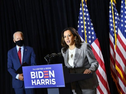 Democratic presidential nominee, former US Vice President Joe Biden (L), and vice presidential running mate, US Senator Kamala Harris, hold a press conference after receiving a briefing on COVID-19 in Wilmington, Delaware, on August 13, 2020. (Photo by MANDEL NGAN / AFP) (Photo by MANDEL NGAN/AFP via Getty Images)