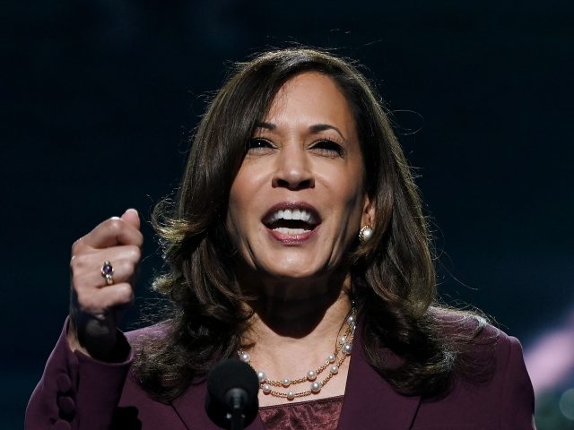 TOPSHOT - Senator from California and Democratic vice presidential nominee Kamala Harris speaks during the third day of the Democratic National Convention, being held virtually amid the novel coronavirus pandemic, at the Chase Center in Wilmington, Delaware on August 19, 2020. (Photo by Olivier DOULIERY / AFP) (Photo by OLIVIER …