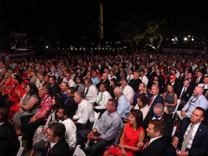 People listen to the US president deliver his acceptance speech for the Republican Party nomination for reelection during the final day of the Republican National Convention from the South Lawn of the White House on August 27, 2020 in Washington, DC. (Photo by SAUL LOEB / AFP) (Photo by SAUL …