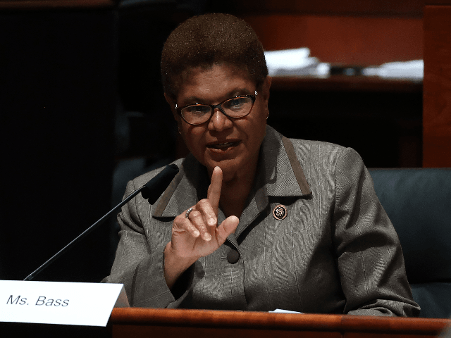 Rep. Karen Bass (D-CA) questions U.S. Attorney General William Barr during a House Judiciary Committee hearing on Capitol Hill on July 28, 2020 in Washington, DC. In his first congressional testimony in more than a year, Barr faced questions from the committee about his deployment of federal law enforcement agents …