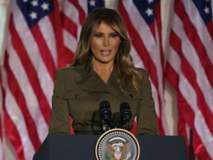 WASHINGTON, DC - AUGUST 25: U.S. first lady Melania Trump addresses the Republican National Convention from the Rose Garden at the White House on August 25, 2020 in Washington, DC. The convention is being held virtually due to the coronavirus pandemic but will include speeches from various locations including Charlotte, …