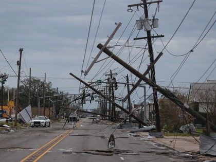 LAKE CHARLES, LOUISIANA - AUGUST 27: A street is seen strewn with debris and downed power