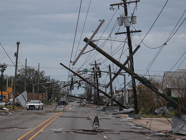 LAKE CHARLES, LOUISIANA - AUGUST 27: A street is seen strewn with debris and downed power lines after Hurricane Laura passed through the area on August 27, 2020 in Lake Charles, Louisiana . The hurricane hit with powerful winds causing extensive damage to the city. (Photo by Joe Raedle/Getty Images)