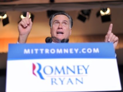 US Republican presidential candidate Mitt Romney speaks during a campaign rally at the Valley Forge Military Academy and College in Wayne, Pennsylvania, on September 28, 2012. With 39 days to go for the election and polls showing an narrowing path to victory for the Republican nominee, Romney warned a second …