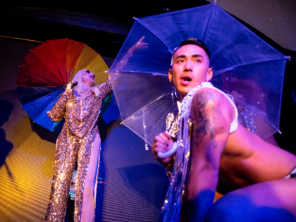 This picture taken on June 9, 2018 shows a drag queen performing onstage at the ShanghaiPRIDE opening party in Shanghai. - Long pressured to deny their identities, Chinese transgenders are quietly asserting themselves, with advocacy groups forming and doctors reporting increasing gender-reassignment surgeries. (Photo by Johannes EISELE / AFP) / …