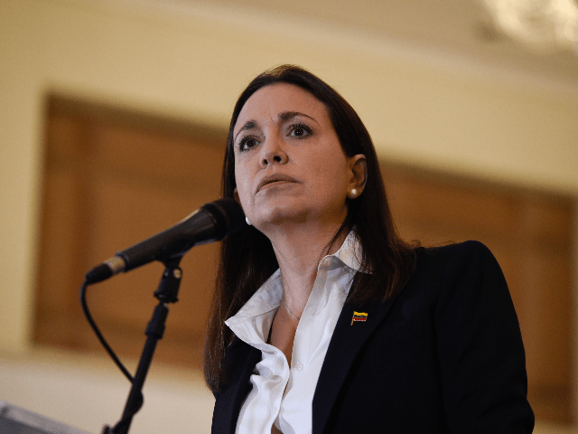 Venezuelan opposition ex-congresswoman Maria Corina Machado delivers a press conference in Caracas on June 29, 2018. - Opposition leader Maria Corina Machado denied Friday being involved in an alleged military plot to overthrow Venezuelan President Nicolas Maduro. (Photo by Federico PARRA / AFP) (Photo credit should read FEDERICO PARRA/AFP via Getty Images)