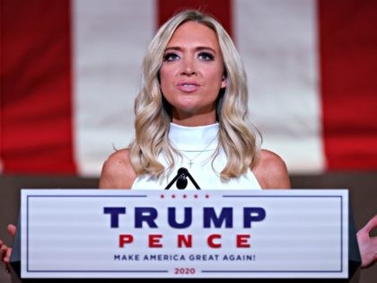 WASHINGTON, DC - AUGUST 26: White House Press Secretary Kayleigh McEnany pre-records her address to the Republican National Convention from inside an empty Mellon Auditorium on August 26, 2020 in Washington, DC. The novel coronavirus pandemic has forced the Republican Party to move away from an in-person convention to a …
