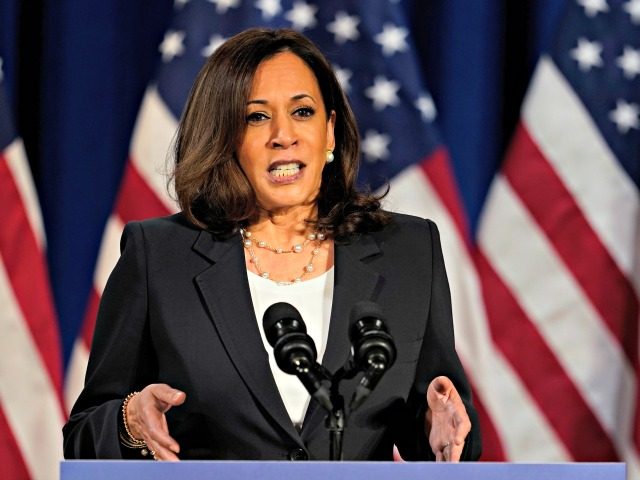 Democratic vice presidential candidate Sen. Kamala Harris, D-Calif., speaks in Washington, Thursday, Aug. 27, 2020. (AP Photo/Carolyn Kaster)