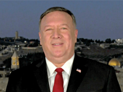 CHARLOTTE, NC - AUGUST 25: (EDITORIAL USE ONLY) In this screenshot from the RNC’s livestream of the 2020 Republican National Convention, U.S. Secretary of State Mike Pompeo addresses the virtual convention in a pre-recorded video from Jerusalem, Israel, on August 25, 2020. The convention is being held virtually due to …