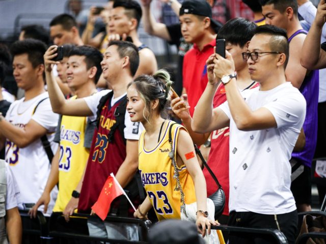 SHENZHEN, CHINA - OCTOBER 12: Supporters of the Los Angeles Lakers react during the match against the Brooklyn Nets during a preseason game as part of 2019 NBA Global Games China at Shenzhen Universiade Center on October 12, 2019 in Shenzhen, Guangdong, China. (Photo by Zhong Zhi/Getty Images)