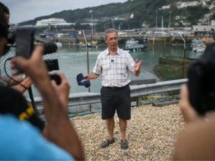 DOVER, ENGLAND - AUGUST 12: Brexit Party leader Nigel Farage speaks to supporters and medi