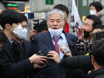 In this April 20, 2020, photo, Sarang Jeil Church pastor Jun Kwang-hun speaks outside a detention center in Uiwang, South Korea. Jun who has been a bitter critic of the country's president has tested positive for the coronavirus health authorities said Monday, Aug. 17, two days after he participated in …