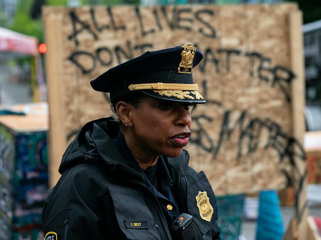 SEATTLE, WA - JULY 01: Seattle Police Chief Carmen Best addresses the press as city crews dismantle the Capitol Hill Organized Protest (CHOP) area outside of the Seattle Police Department's vacated East Precinct on July 1, 2020 in Seattle, Washington. Police reported making at least 31 arrests while clearing the …