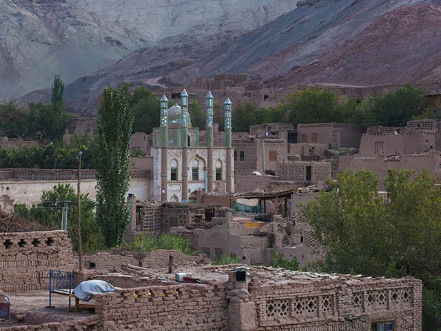 View of the Uyghur village of Tuyog, with a mosque and mountains on the background, Xinjiang region, China.
