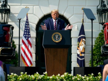 President Donald Trump speaks during an event on regulatory reform on the South Lawn of th