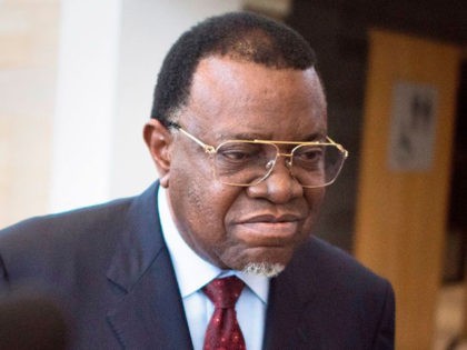 The President of Namibia Hage Geingob, talks to members of the media following the death o