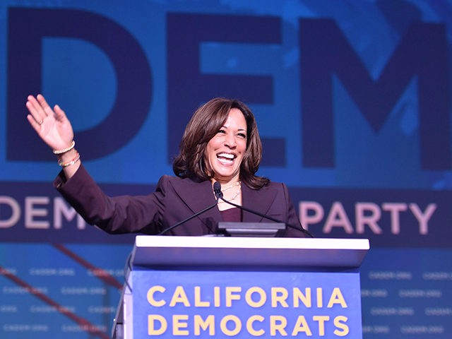 Democratic presidential candidate Kamala Harris speaks during the 2019 California Democrat