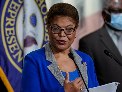 WASHINGTON, DC - JULY 22: Chair of the Congressional Black Caucus (CBC) Rep. Karen Bass (D-CA) speaks during a news conference to discuss an upcoming House vote regarding statues on Capitol Hill on July 22, 2020 in Washington, DC. House Democrats have introduced a bill that would replace the bust …