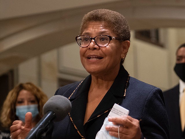 WASHINGTON, DC - JUNE 17: Rep. Karen Bass (D-CA) speaks alongside House Judiciary Committee Chairman Jerry Nadler (D-NY) and fellow Democrats as she addresses the media during a break in the Committee markup of H.R. 7120, the "George Floyd Justice in Policing Act of 2020," on Capitol Hill on June …