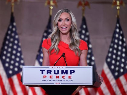 WASHINGTON, DC - AUGUST 26: Lara Trump, daughter-in-law and campaign advisor for U.S. President Donald Trump, pre-records her address to the Republican National Convention from inside an empty Mellon Auditorium on August 26, 2020 in Washington, DC. The novel coronavirus pandemic has forced the Republican Party to move away from …