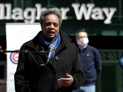 Chicago Mayor Lori Lightfoot speaks at a news conference in front of Wrigley Field in Chic