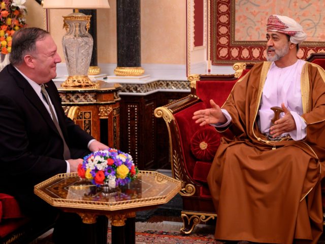 Oman's Sultan Haitham bin Tariq meets with US Secretary of State Mike Pompeo (L) at al-Alam palace in the capital Muscat on February 21, 2020. (Photo by ANDREW CABALLERO-REYNOLDS / AFP) (Photo by ANDREW CABALLERO-REYNOLDS/AFP via Getty Images)