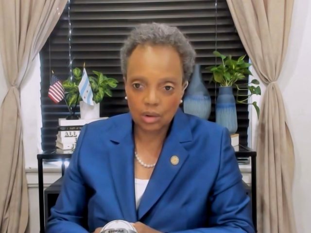 MILWAUKEE, WI - AUGUST 17: In this screenshot from the DNCC’s livestream of the 2020 Democratic National Convention, Chicago Mayor Lori Lightfoot speaks with Presumptive Democratic presidential nominee former Vice President Joe Biden (not seen) during the virtual convention on August 17, 2020. The convention, which was once expected to …
