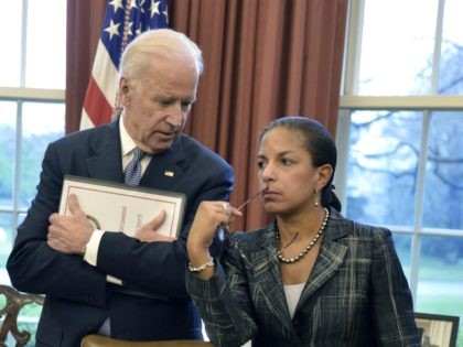 WASHINGTON - APRIL 14: U.S. Vice President Joe Biden (L) and National Security Advisor Susan Rice talk as U.S. President Barack Obama and Iraqi Prime Minister Haider al-Abadi brief the press after a bilateral meeting in the Oval Office of the White House April 14, 2015 in Washington, DC. The …