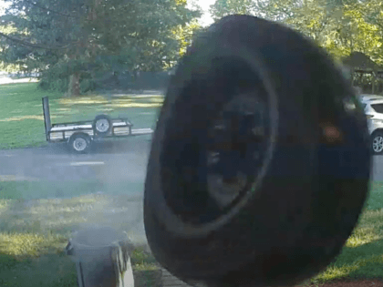 This tire zooms off the road and hits the front porch of a house going 65 mph.