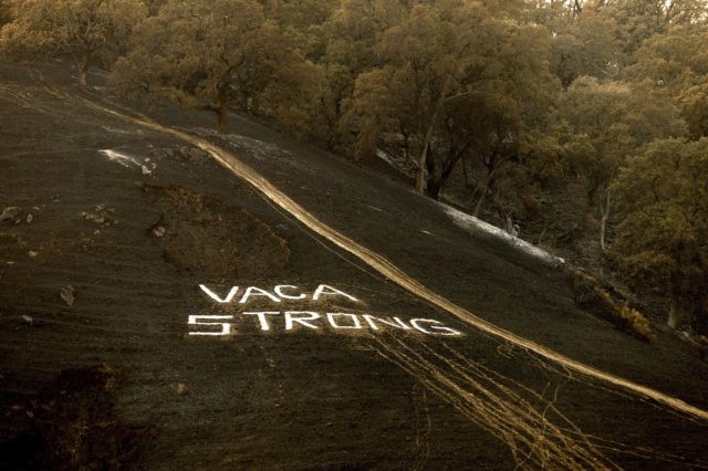Following the LNU Lightning Complex fires, a sign reading "Vaca Strong" adorns a charred hillside in Vacaville, Calif., on Monday, Aug. 24, 2020. (AP Photo/Noah Berger)