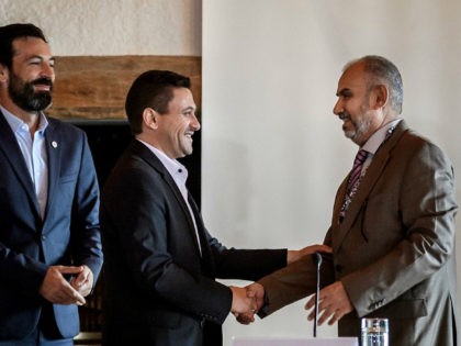 Head of the Houthi prisoner exchange committee Abdulkader al-Murtada (C) shakes hands with Head of the Yemeni government delegation Hadi Haig (R) between ICRC Director for the Near and Middle East Fabrizio Carboni (L) and UN Special Envoy for Yemen Martin Griffiths at the end of a week-long meeting on …