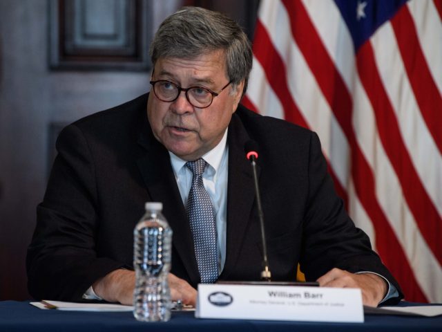 US Attorney General Bill Barr speaks during a meeting on human trafficking at the Eisenhower Executive Office Building in Washington, DC, on August 4, 2020. (Photo by NICHOLAS KAMM / AFP) (Photo by NICHOLAS KAMM/AFP via Getty Images)