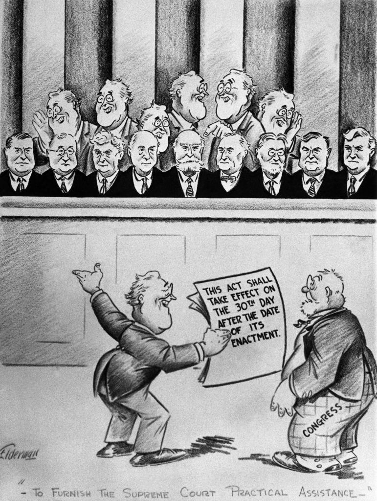This editorial cartoon depicts President Franklin Roosevelt and the Supreme Court, Feb. 6, 1937. (AP Photo)