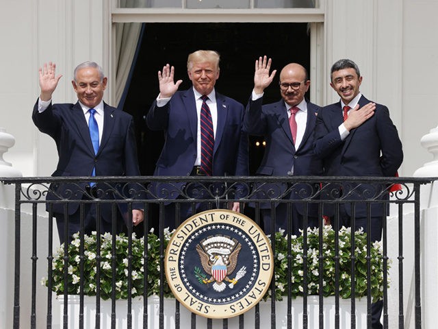 WASHINGTON, DC - SEPTEMBER 15: (L-R) Prime Minister of Israel Benjamin Netanyahu, U.S. President Donald Trump, Foreign Affairs Minister of Bahrain Abdullatif bin Rashid Al Zayani, and Foreign Affairs Minister of the United Arab Emirates Abdullah bin Zayed bin Sultan Al Nahyan participate in the signing ceremony of the Abraham …