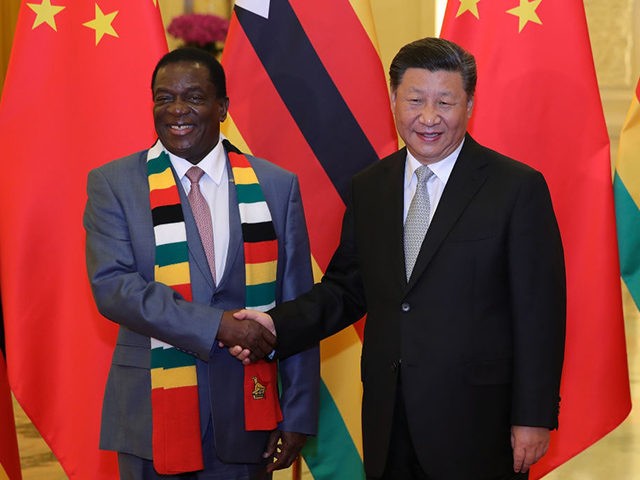 Chinese President Xi Jinping (R) shakes hands with Zimbabwe's President Emmerson Mnangagwa at a meeting at the Great Hall of the People in Beijing on September 5, 2018, a day after the conclusion of the Forum On China-Africa Cooperation. (Photo by Lintao Zhang / POOL / AFP) (Photo credit should …