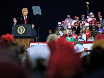FAYETTEVILLE, NC - SEPTEMBER 19: U.S. President Donald Trump addresses supporters during a Make America Great Again campaign rally on September 19, 2020 in Fayetteville, North Carolina. Thousands joined for the rally where President Trump announced his plan to appoint a female to the Supreme Court after the death of …