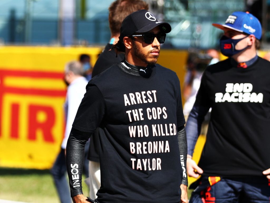 SCARPERIA, ITALY - SEPTEMBER 13: Lewis Hamilton of Great Britain and Mercedes GP stands on the grid wearing a shirt in tribute to the late Breonna Taylor before the F1 Grand Prix of Tuscany at Mugello Circuit on September 13, 2020 in Scarperia, Italy. (Photo by Mark Thompson/Getty Images)