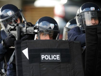 Police take part in a mock terror attack drill at the Zenith venue in Pau, southwestern Fr