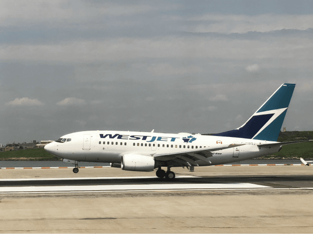 A WestJet plane lands at LaGuardia Airport in New York on July 29, 2018. (Photo by Daniel