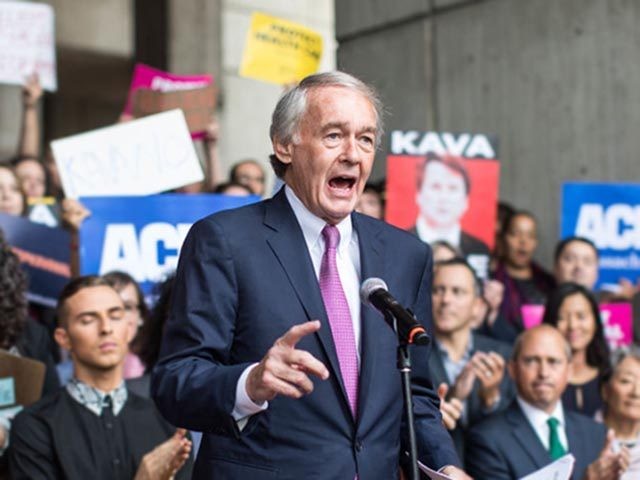 BOSTON, MA - OCTOBER 01: Sen. Ed Markey (D-MA) speaks at a rally calling on Sen. Jeff Flake (R-AZ) to reject Judge Brett Kavanaugh's nomination to the Supreme Court on October 1, 2018 in Boston, Massachusetts. Sen. Flake is scheduled to give a talk at the Forbes 30 under 30 …