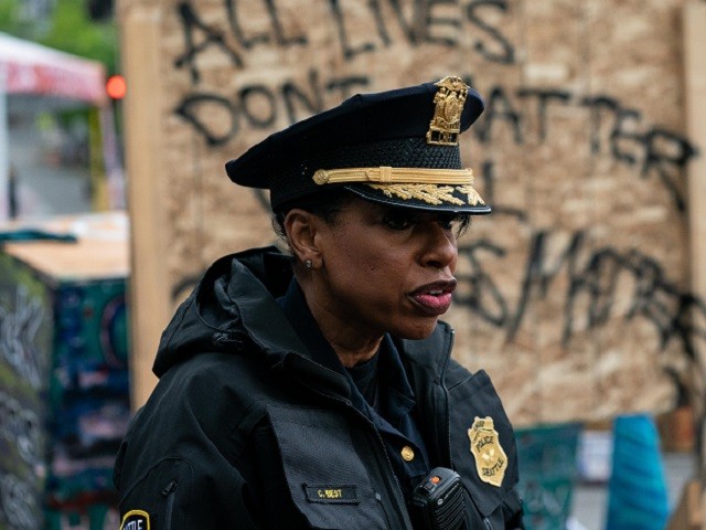 SEATTLE, WA - JULY 01: Seattle Police Chief Carmen Best addresses the press as city crews dismantle the Capitol Hill Organized Protest (CHOP) area outside of the Seattle Police Department's vacated East Precinct on July 1, 2020 in Seattle, Washington. Police reported making at least 31 arrests while clearing the CHOP area this morning. (Photo by David Ryder/Getty Images)