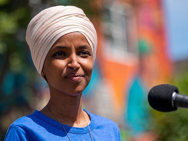 MINNEAPOLIS, MN - AUGUST 11: Rep. Ilhan Omar (D-MN) speaks with media gathered outside Mer