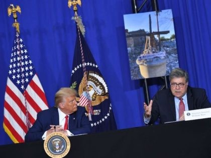 US President Donald Trump listens to US Attorney General William Barr during a roundtable