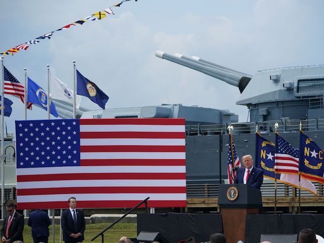 US President Donald Trump speaks at the Battleship North Carolina in Wilmington, North Car