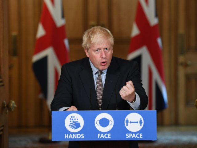 Britain's Prime Minister Boris Johnson speaks during a virtual press conference at Downing Street in central London on September 9, 2020 following an announcement of further restrictions on social gatherings in England due to an uptick in cases of the novel coronavirus. - The UK government on on September 9 …