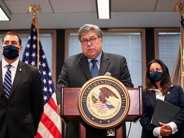 US Attorney General William Barr speaks on Operation Legend, the federal law enforcement operation, during a press conference in Chicago, Illinois, on September 9, 2020. (Photo by KAMIL KRZACZYNSKI / AFP) (Photo by KAMIL KRZACZYNSKI/AFP via Getty Images)