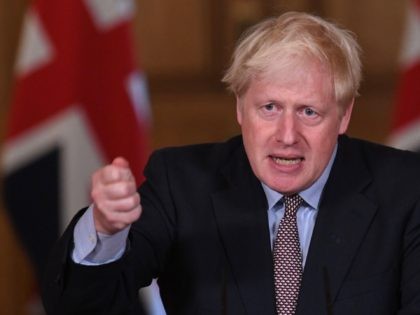 Britain's Prime Minister Boris Johnson speaks during a virtual press conference at Downing