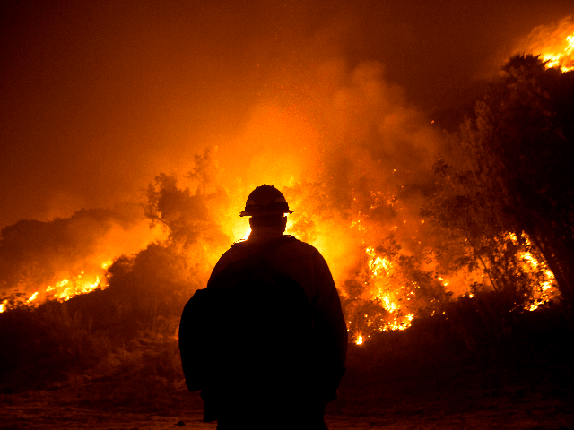 A firefighter watches the Bobcat Fire burning on hillsides near Monrovia Canyon Park in Mo